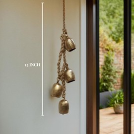 Bell Chime Handmade Brass Finish Wall Hanging Rope 4 Bell Consists of 4 Cow Bells Antique Bell to Hang on Door Brass charismas for Entrance Wreaths Chimes Jingle