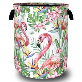 Pink Flamingo Laundry Basket Tropical Leaves Pink Floral Hamper Foldable Oxford Cloth Birds Colorful Tote Bag Clothes Toy Storage Bucket For Bathroom/Laundry Storage/Bedroom 18.9 x 16.5 Inch