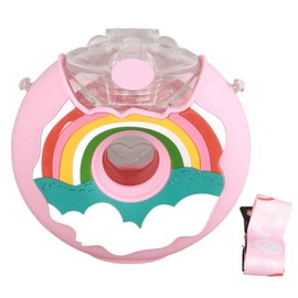 Botella de agua de dona de 380 ml con pajita para niños, sin BPA y a prueba de fugas con pajita, botella de bebida para niños pequeños. (Arcoíris rosa)