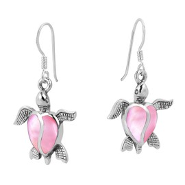 Love Life Sea Turtle Heart Pink Mother of Pearl .925 Sterling Silver Dangle Earrings | New Year Earrings
