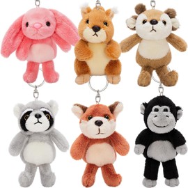 Karister 6Pcs Bulk Woodland Animal Keychain Stuffed Animal, 5" Raccoon Squirrel Fox Monkey Deer Bunny Plush Toy Keyring Pendants, Stuffed Forest Animals for Baby Shower Birthday Decor Backpack Charm