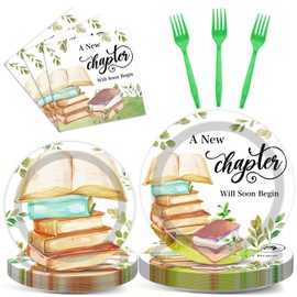 96Pcs Storybook Party Plates and Napkins for Book A New Chapter Will Soon Begin Themed Paper Dessert Plates Library Reading Theme Tableware Set for Baby Shower 24 Guests Birthday Party Decorations