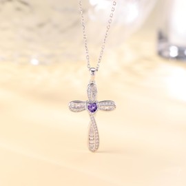 YV-cozx Cross Necklace for Women, Infinite Cross Pendant, Heart-shaped Birthstone Religious Cross Jewelry, sterling silver cross necklaces for women, Birthday Christmas Gift for Wife (Amethyst-2)