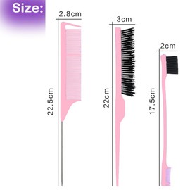 Styling Hair Brush Set, Slick Bristle Hair Brush, Rat Tail Comb Edge Brush for Edge & Back Brushing, Combing Slicking Hair for Women Girls 3 Pack (Pink)