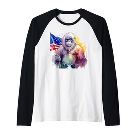 Bigfoot Watercolor Artwork American Flag 4th Of July Art USA Raglan Baseball Tee