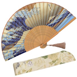 Zolee Small Folding Hand Fan for Women - Chinese Japanese Vintage Bamboo Silk Fans - for Dance, Performance, Decoration, Wedding, Party，Gift (Kanagawa Sea Waves)
