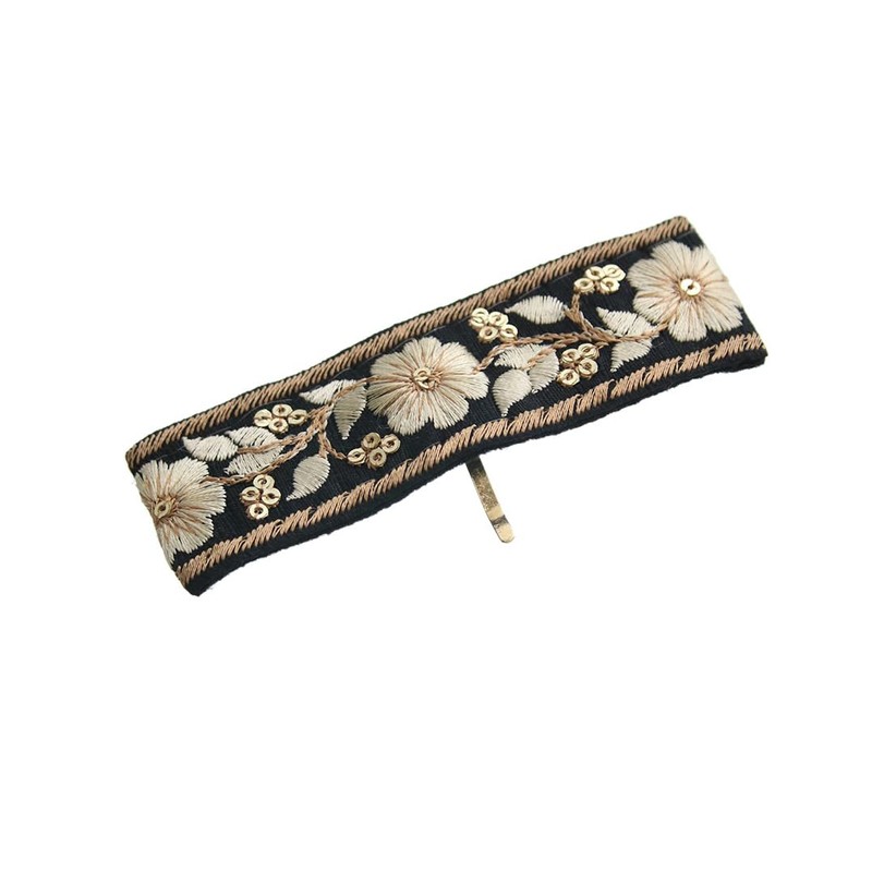 VingTAINE H7730-BK- Embroidered Wire Pony Hook, Flower Hair Elastic Cute,