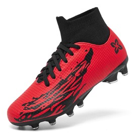 Kids Soccer Cleats Boys Girls Firm Ground Outdoor Football Cleats Shoes | High-Top Elastic Socks| Lace Up | Unisex | YouthSize 3 Red