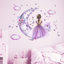 Lekabee Butterfly Girl Wall Sticker,Moon Clouds Flower Fairy Wall Decal,Floral Wall Mural Butterflies Wall Art for Girls Baby Nursery Bedroom Playroom-Purple