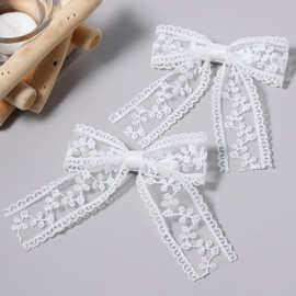 White Lace Hair Bow Clips for Women Bridal Flower Girls Wedding Accessories Large Long Tail Ribbon Tulle Bow Barrettes Alligator Pins Baby Teens Toddler Kids Birthday Communion Gift 4"