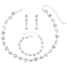 SFE Elegant Bridal Crystal Necklace Dangle Earrings Bracelet Wedding Jewelry Sets for Bridesmaid Prom Costume for Women(Style01-Silver Plated)