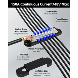 Power Distribution Block 12V 150A Marine Bus Bar, 12Volt Terminal Block with Cover 1/4" Studs 12 x #8 Screws Terminals Stud Ground Battery Buss Bar for Boat Automotive Solar Wiring (Pair, Red & Black)