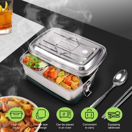 Povxlum Stainless Steel Lunch Box 2000ml with 3 Compartments, Picnic Box, Portable Bento Box with Spoon and Chopsticks for Adults, Kids for Food, Sandwich, Salad, Fruit