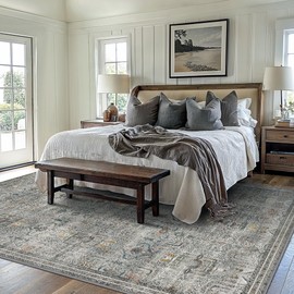 GENIMO 8x10 Area Rugs for Living Room, Machine Washable Boho Vintage Rug Non Slip, Printed Thin Low Pile Lightweight Chenille Carpet Rugs for Bedroom, Dining Room, Home Office,Gray