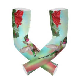 Dussdil Hummingbird Blossoming Red Hibiscus Gardening Arm Sleeves Small Bird Flowers Spring Farm UV Sun Protection Cooling Arm Sleeves for Garden Farm Women Men with Thumb Hole