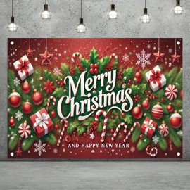 Saoplasa Christmas Backdrop Merry Christmas and Happy New Year Photography Background Red Holiday Banner with Candy Snowflakes Xmas Tree Decorations for Party Wall Decor Indoor Outdoor 71x 43 Inch