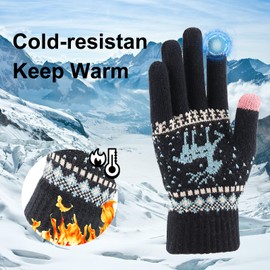 KARELLS Touchscreen Gloves, Women's Winter Gloves, Women's Mittens, Cotton Gloves, Knitted Gloves, Warm Gloves, Full Finger Screen Fawn Jacquard Gloves, Black