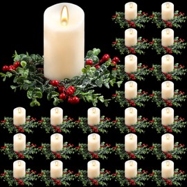 Lyrow 24 Pcs Christmas Candle Rings Artificial Candle Wreaths Garland Simulation Red Berries Xmas Mini Candle Holder for Pillars Rustic Wedding Centerpiece Table Closet Decorations
