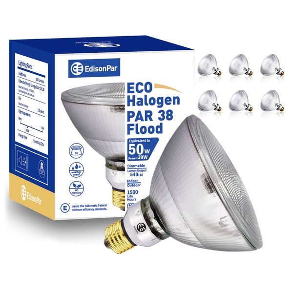 EdisonPar PAR38 ECO Halogen Bulb 6 Pack 50W Equivalent, 25° Flood Light Dimmable E26 Base, 2900K 540lm 120V (Count of 6)