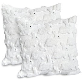RABUSOFA Easter Pillow Covers 20x20 inch Set of 2 Easter Decorations Cream White Bunny Plush Faux Fur Jacquard Throw Pillows for Bedroom Sofa Holiday Festivals Home Decor