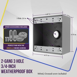 ENERLITES Weatherproof Outlet Box with Three 3/4-in Threaded Outlets, Outdoor Electrical Box, 3 Holes 0.75” Each, 2-Gang, 4.53” Height x 4.53” Length x 2.16” Depth, EN2375 Grey