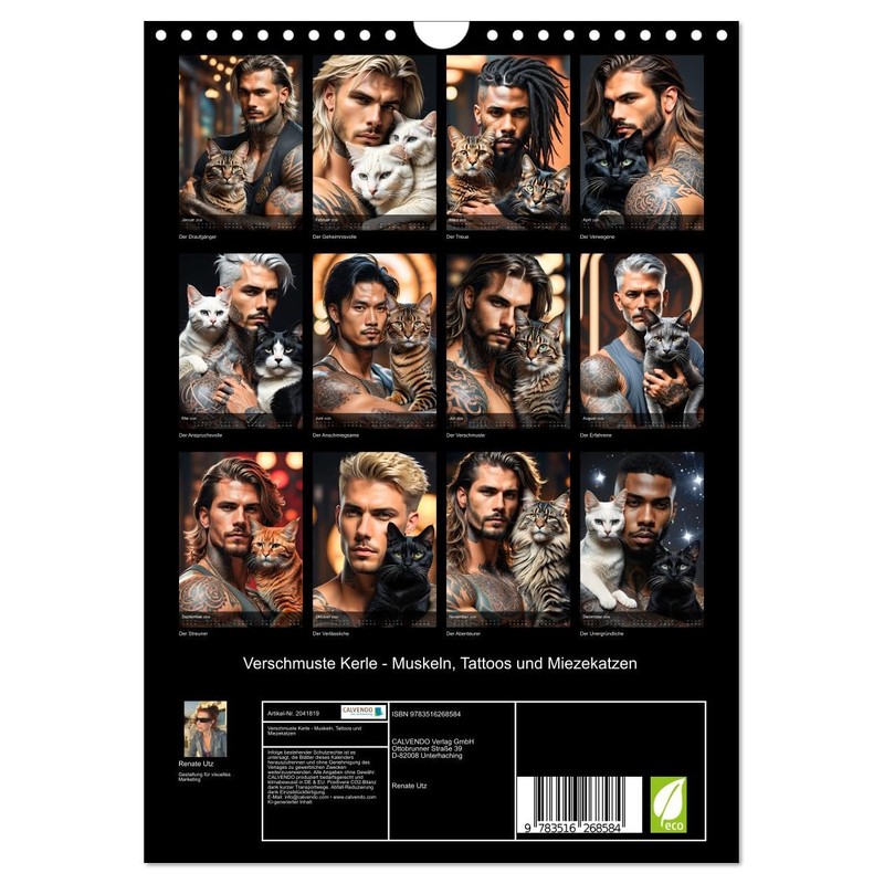Verschmuste Kerle - Muskeln, Tattoos und Miezekatzen (Wandkalender 2026 DIN