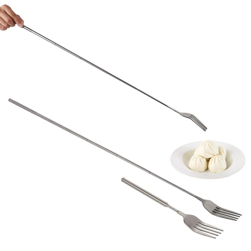 Agatige 2Pcs Extendable Fork, Telescopic Long Handle Cutlery Forks Stainless