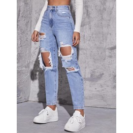 Jelove Women's High Waist Boyfriend Straight Leg Ripped Jeans Distressed Denim Pants (Blue, M)