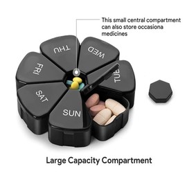 Hoshen 7 Days Portable Pill Box, Sealed Round Plastic Box, Seven Compartment Petal Pill Box，Black