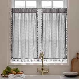 VOILYBIRD Kitchen Window Curtains Over Sink 36 Inch Length Boho Tassel Tiers Cafe Curtains Zigzag Design, 2 Panels, Grey