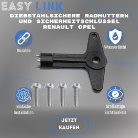 Easy Link Anti-Theft Wheel Nuts and Security Key Compatible with Renault Clio Espace Kangoo Megane Laguna Scenic Vel Satis Modus Opel 7700422600 1610001 90495549