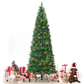 Fencer Wire Pre-lit 7.5 Feet Skinny Christmas Tree w/Artificial Pinecones, Berries Slim Xmas Tree w/ 350 LED Lights, 980 Branch Tips, Pencil Christmas Tree for Indoor w/Pre-Hinged & Foldable Stand