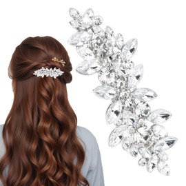 Yuanchu Crystal Rhinestone Hair Clip, Flower Hair Barrette Silver Bridal Hair Accessory Sparkly Flower Wedding Barrette for Wedding Bride Long Hair