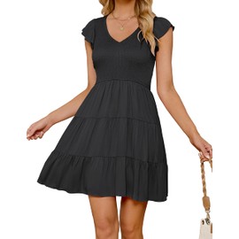 ZESICA Women's 2025 Summer Casual V Neck Flutter Sleeve Bohemian Ruffle Smocked A Line Swing Mini Dress,Black,Small