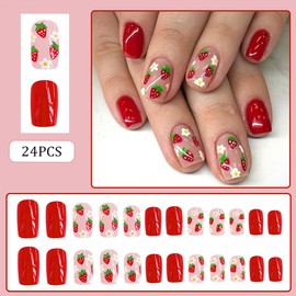 RUPOFUZA Press on Nails Square Short Red Fake False Nails with Lovely White Flowers and Strawberries Design Acrylic Artificial Nail Extra Short Glue on Nail for Women Girls 24Pcs
