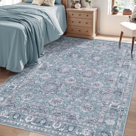 SERISSA Bedroom Rug 4x6 Teal Boho Rug, Vintage Washable Area Rugs Non Slip, Ultra Soft Print Distressed Tribal Entry Rug Low-Pile Throw Rug Carpet for Nursery Dorm Kitchen Living Room Decor