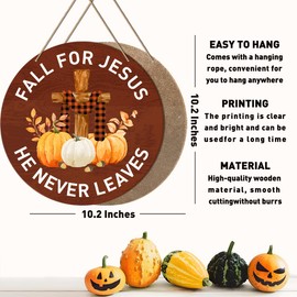 Fall Decor Fall for Jesus He Never Leaves Christian Wood Hanging Sign Inspirational Autumn Harvest Pumpkin Decor for Front Door Porch Religious Thanksgiving Decoration for Home 10.2 x 10.2 Inches