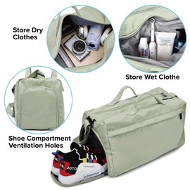 Sports Gym Bag for Women, Travel Workout Duffel Bag Overnight Shoulder Bag with Shoes Compartment and Wet Pocket Lightweight Weekend Bag Waterproof Mint Green