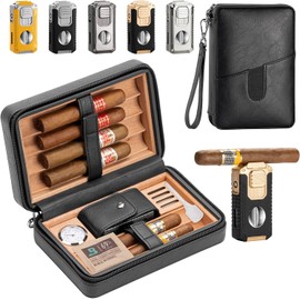 Thejze Cigar Humidor, Leather Cedar Wood Cigar Case with Cigar Lighter（Random Colour）, V Cut Cigar Cutter, Portable Travel Cigar Humidor Box with Humidifier (Black)