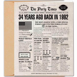 DUGUTUL Vintage 34th Birthday Card, 34 Birthday Decoration, Nostalgic Birthday Card for 34 Years Old Men Women, Retro Happy 34th Birthday Party Decoration, Envelope Included