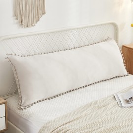 Herside Beige Body Pillowcase Cute Pom Pom Long Pillow Cover Boho Body Pillow Sham 1PC with Pocket Closure Soft Microfibre Beige Pom Pillow Cover for Teens Adult Boys(Beige,50x137cm)