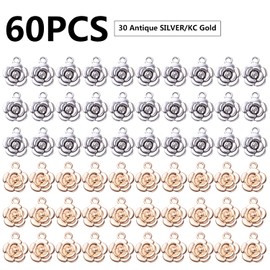 BronaGrand Rose Charm Pendant,60pcs Alloy Rose Flower Charms Flower Bead Charms Craft Supplies for Jewelry DIY Necklace Earrings Bracelet Making Accessory,Antique Silver and Gold