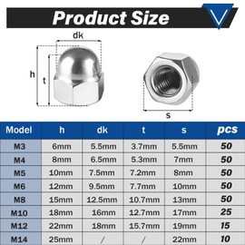 Forbabe Pack of 50 Acorn Nuts M3 Stainless Steel Acorn Nuts DIN 1587 Hexagonal Acorn Nuts, High Shape After Nuts for Screws/Threaded Bolts/Threaded Rods