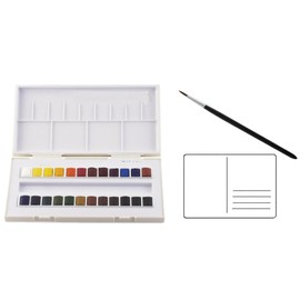 Sennelier Aquarelle 24 Pans. Sennelier Plastic Watercolour Box 24 x 1/2 Bowls + Brush and 1 Watercolour Postcard. Made in France