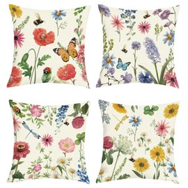 Joymasion Cushion Covers 45 x 45 cm Set of 4 Spring Summer Flowers Decorative Cushion Cover Garden Flowers Dragonfly Butterflies Decorative Cushion Cover for Sofa Couch Bedroom Living Room
