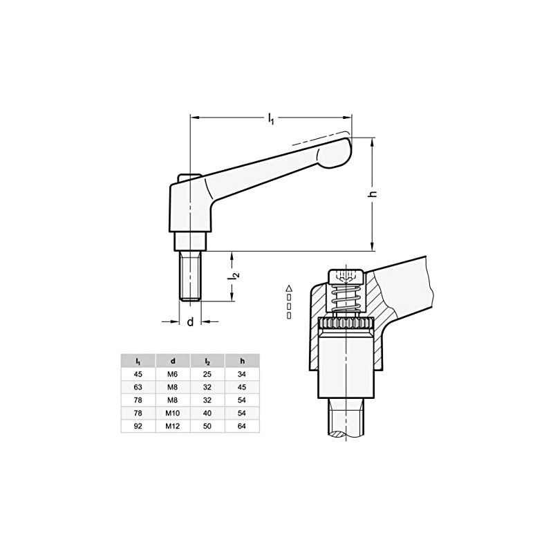 Ganter Normelemente Adjustable clamping lever with threaded screw, GN 300.5-63-M8-32-IS,
