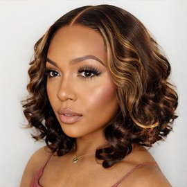 ISEE Wear Go Glueless Wigs Human Hair Pre Plucked Pre Cut Short Bob Body Wave Lace Front Wigs Human Hair for Women Upgraded Glueless Bob Wig 7x5 HD Lace Closure Wigs (Highlight Ombre, 16 Inch)