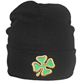 Best Winter Hats Adult Embroidered Shamrock 4 Leaf Clover Beanie - Black/Gold