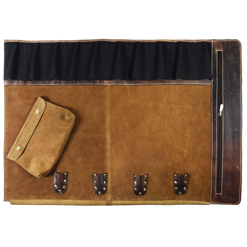Leather Knife Roll Storage Bag, Elastic and Expandable 10 Pockets,