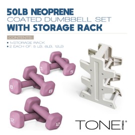 Tone Fitness 50 LB Neoprene Dumbbell Set with Storage Rack – Non-Slip, Anti-Roll Hand Weights for Home Gym Workouts - Purple